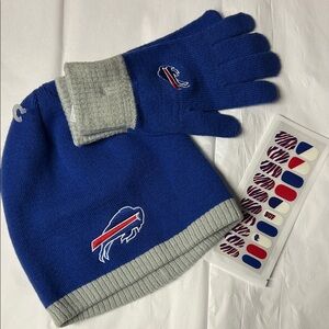 Buffalo Bills Royal Blue & Gray Beanie and Glove Set with bonus nail stickers.